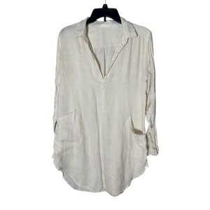 CP Shades Tunic Top XS Womens Cream 100% Linen Chain Stitch Popover Shirt #I17-6